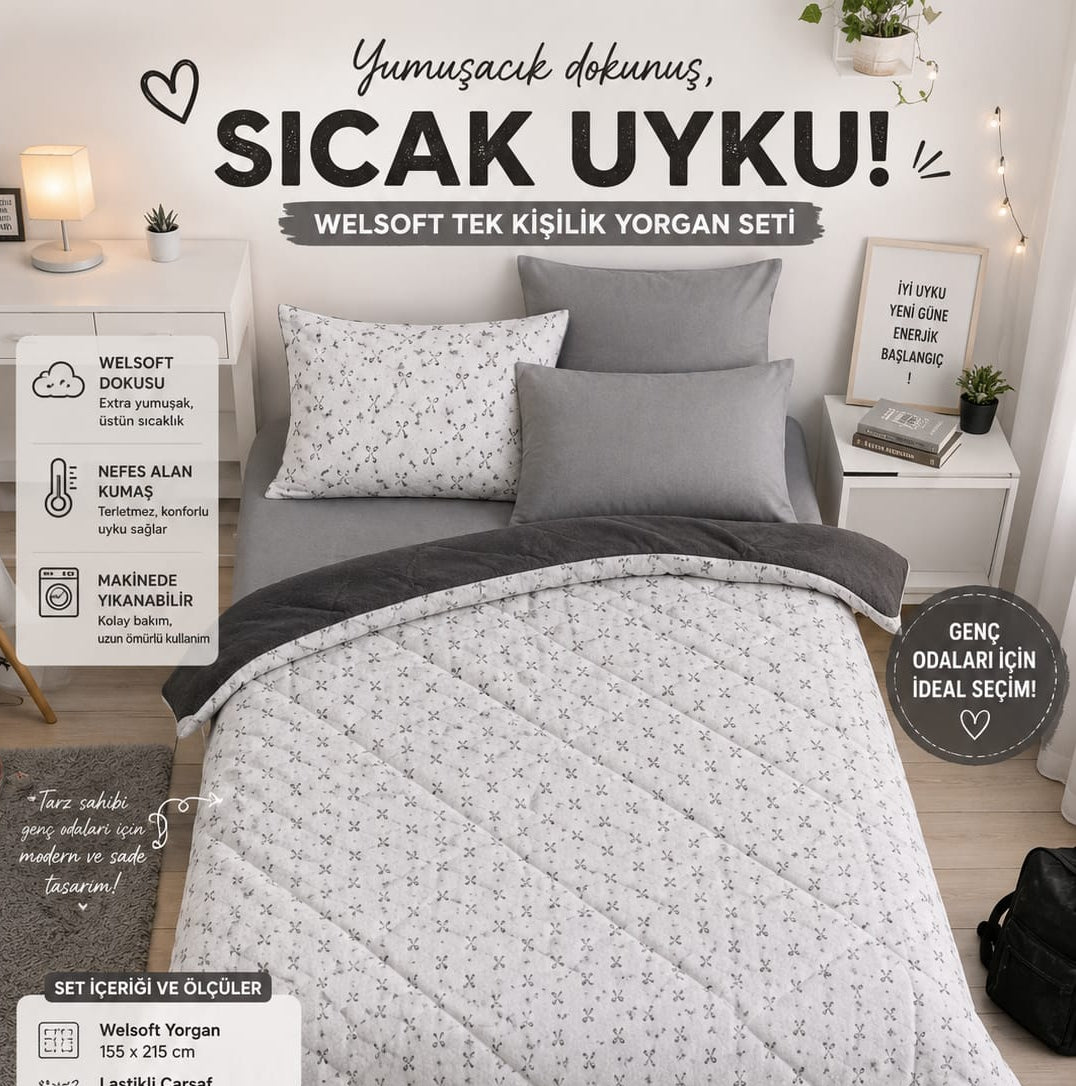 Siyah Fiyonk Desen  Tek  Kişilik Welsoft Uyku Seti