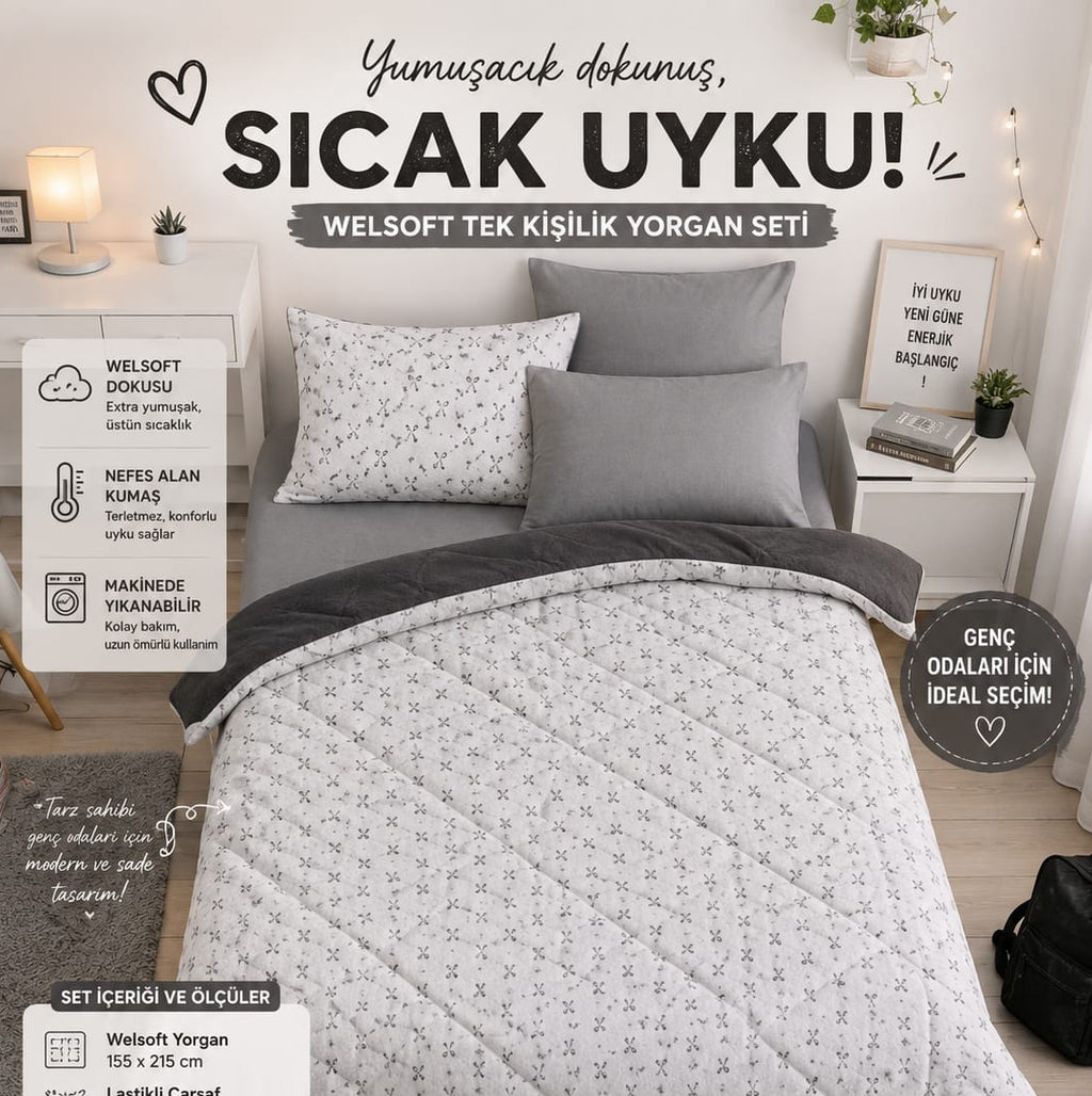Siyah Fiyonk Desen  Tek  Kişilik Welsoft Uyku Seti