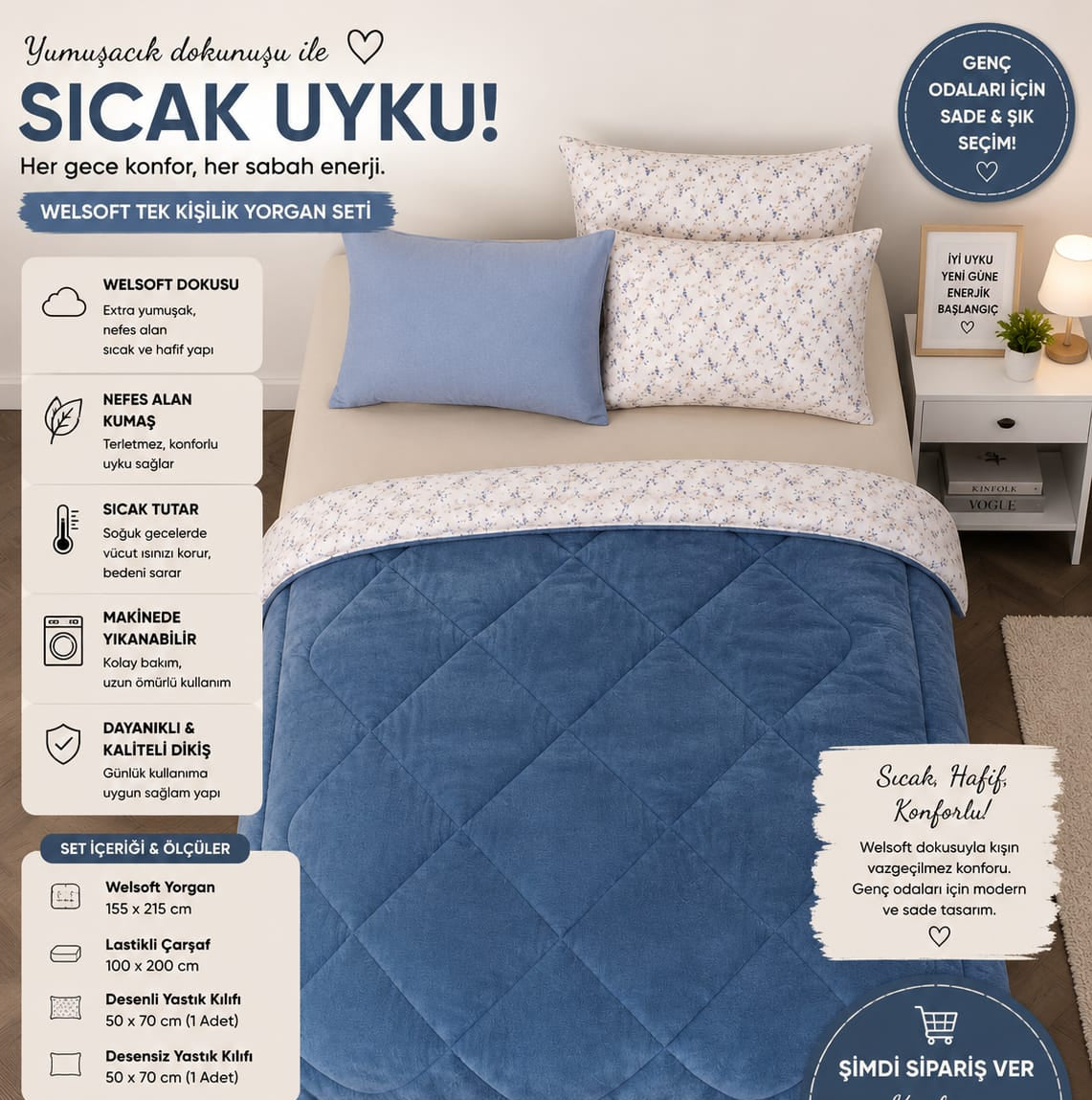 Mavi Çiçek Desen Tek  Kişilik Welsoft Uyku Seti