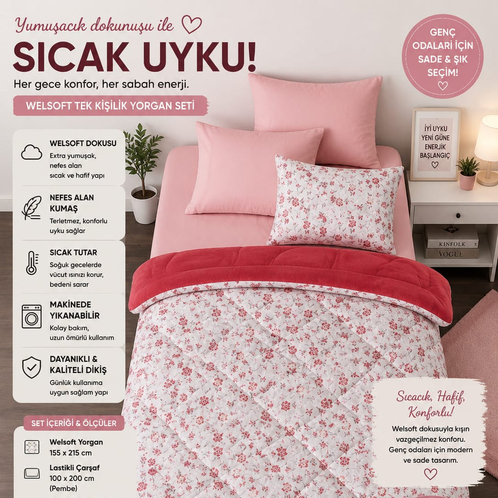 Kırmızı Çiçek Desen  Tek  Kişilik Welsoft Uyku Seti