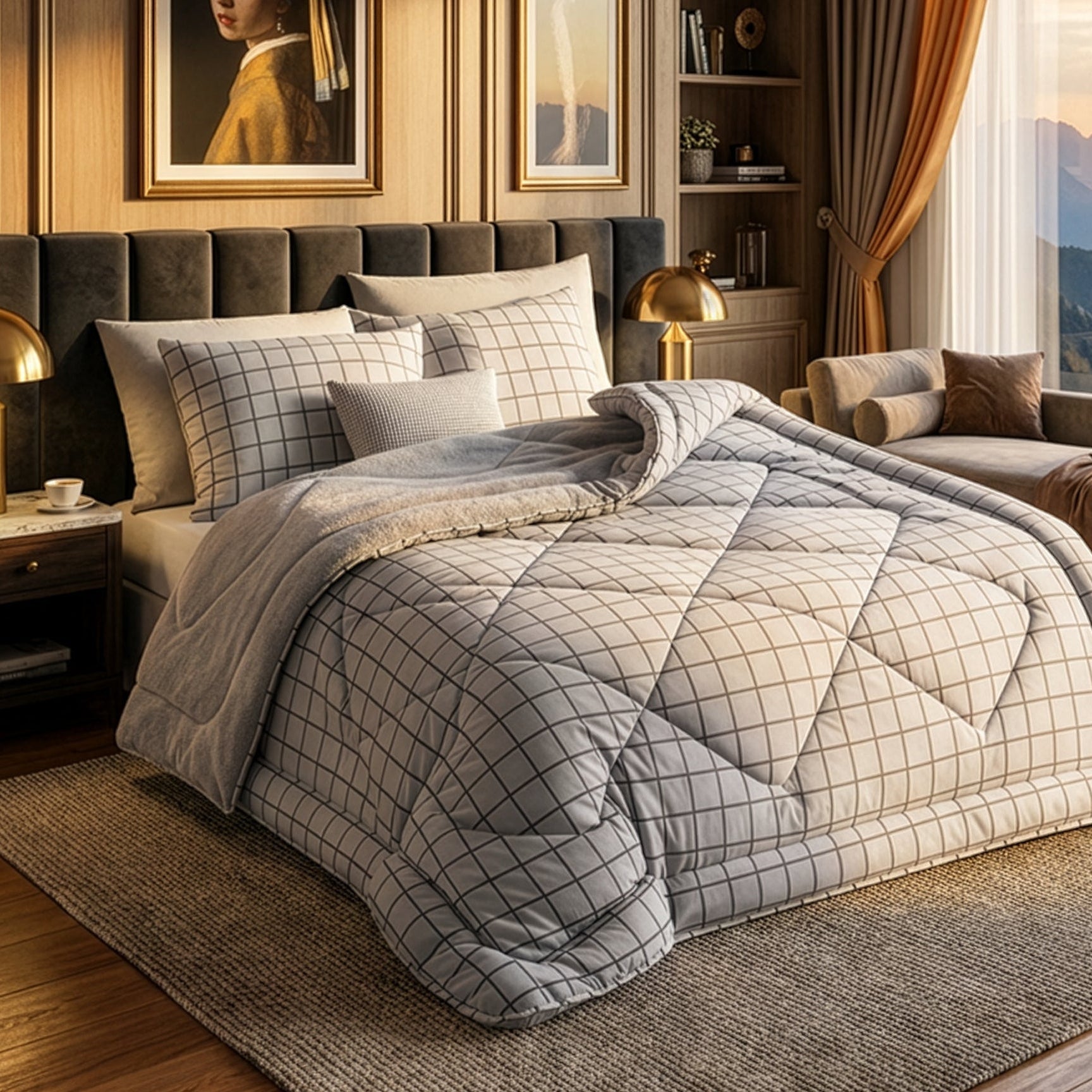 Gri Kareli Desen Welseoft Yorgan Seti