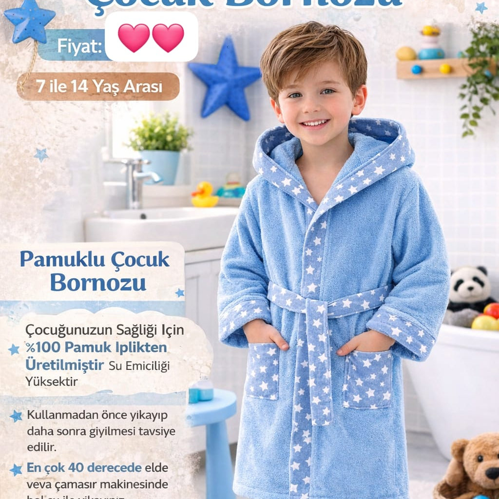 Mavi Kenarı Yıldız Desenli Çocuk Bornozu