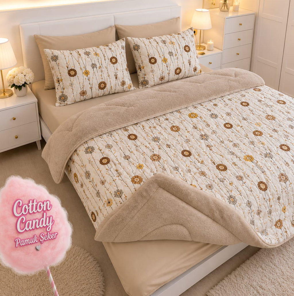 Bej çicekli Welseoft Yorgan Seti (Çarşafı Duz Renk )