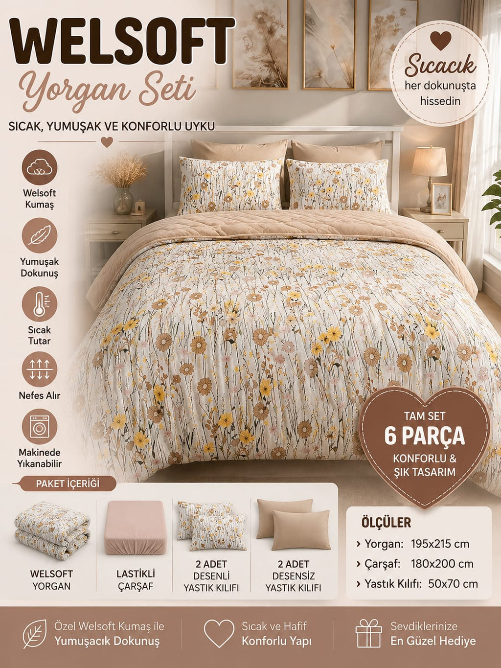 Bej çicekli Welseoft Yorgan Seti (Çarşafı Duz Renk )