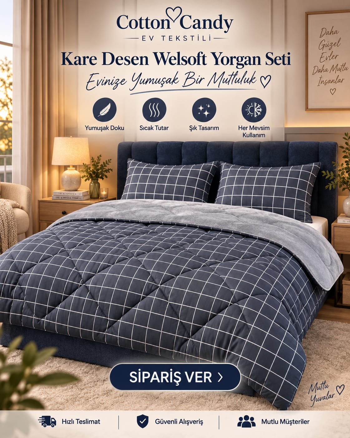 Siyah Kare Desen Çift kişilik Welseoft Yorgan Seti