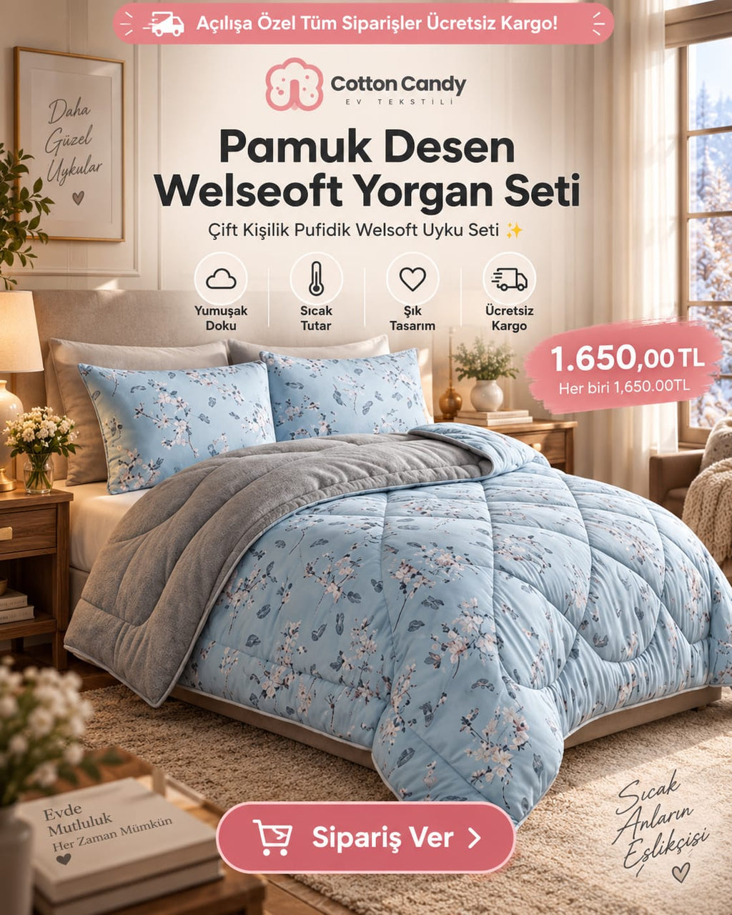 Mavi Etnik  Desen Welseoft Yorgan Seti
