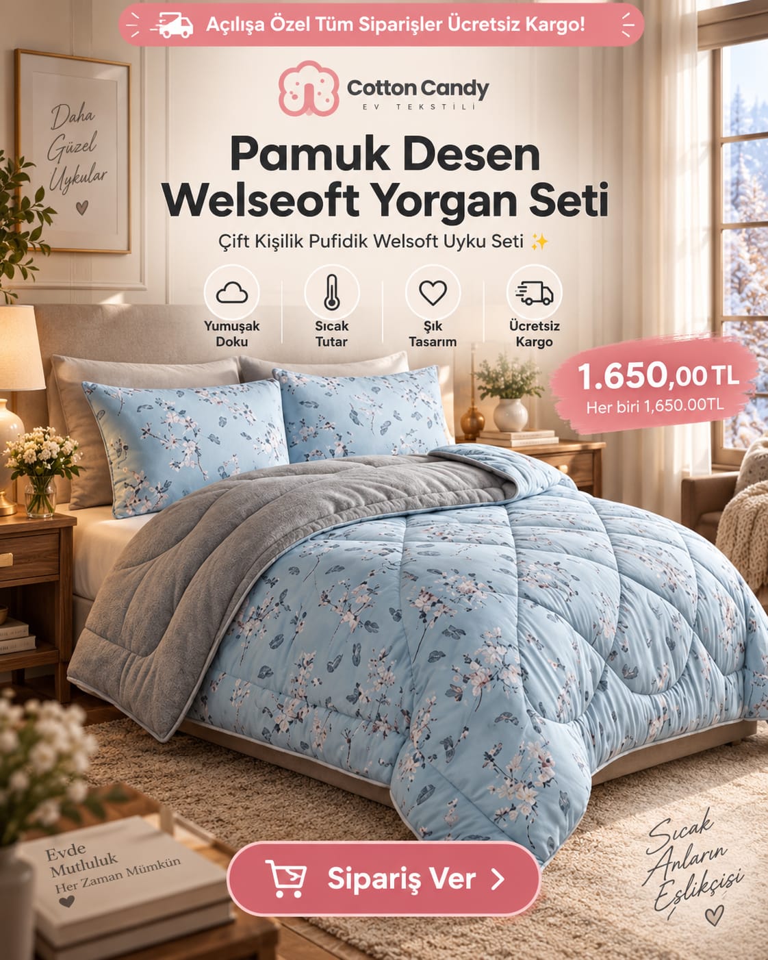 Mavi Etnik  Desen Welseoft Yorgan Seti