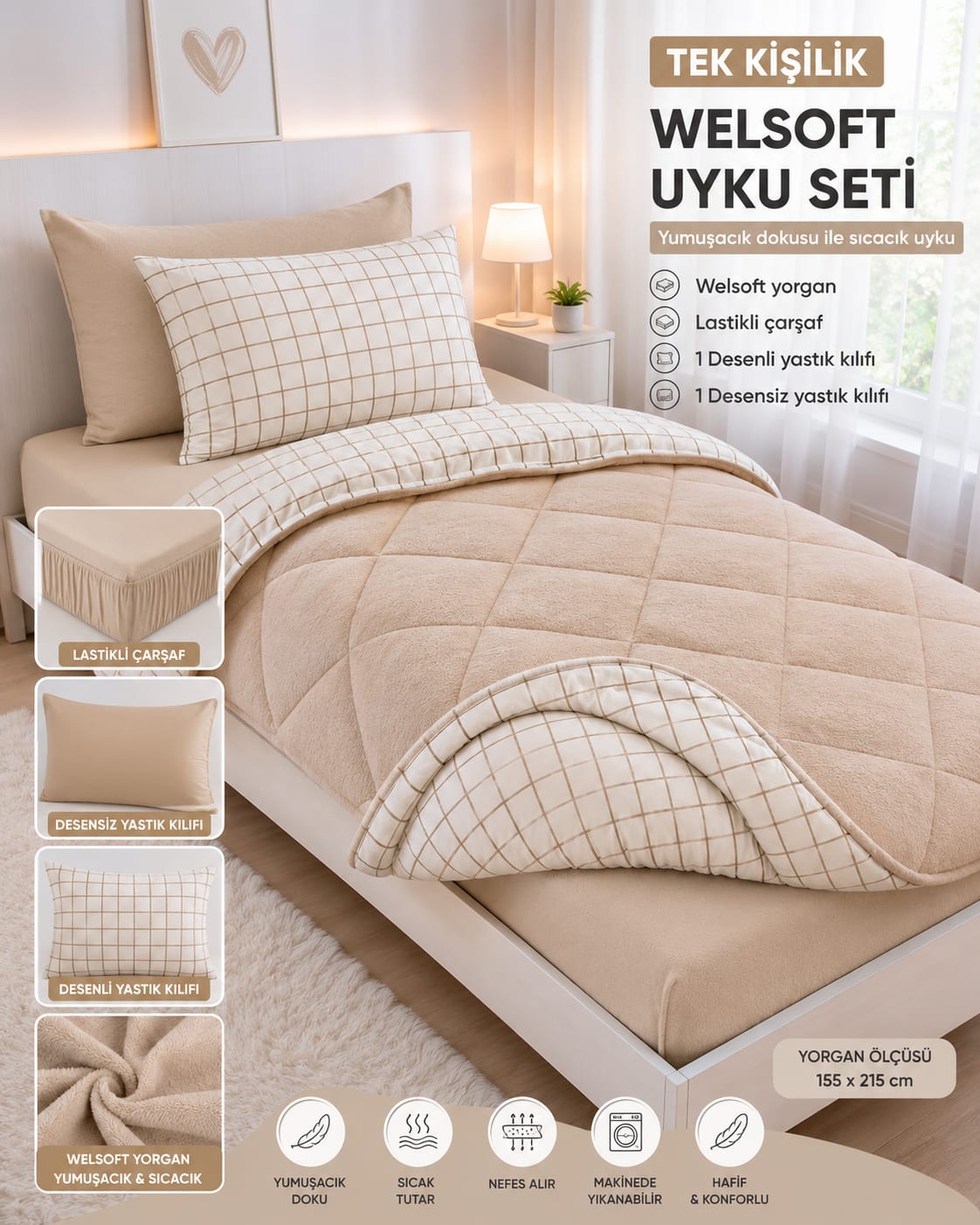 Bej Kareli Desen Tek  Kişilik Welsoft Uyku Seti