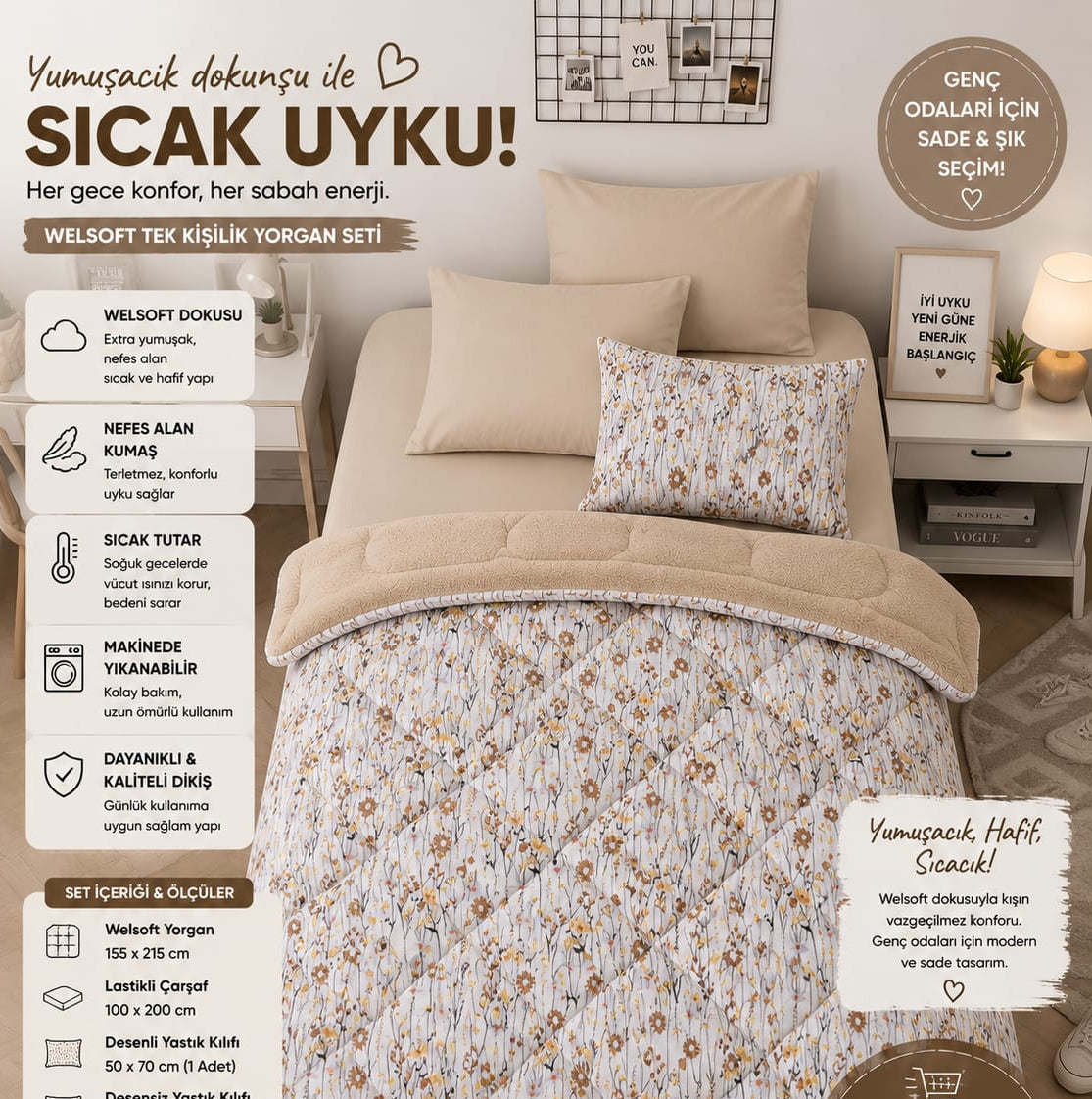 Papatya  Desen Tek  Kişilik Welsoft Uyku Seti