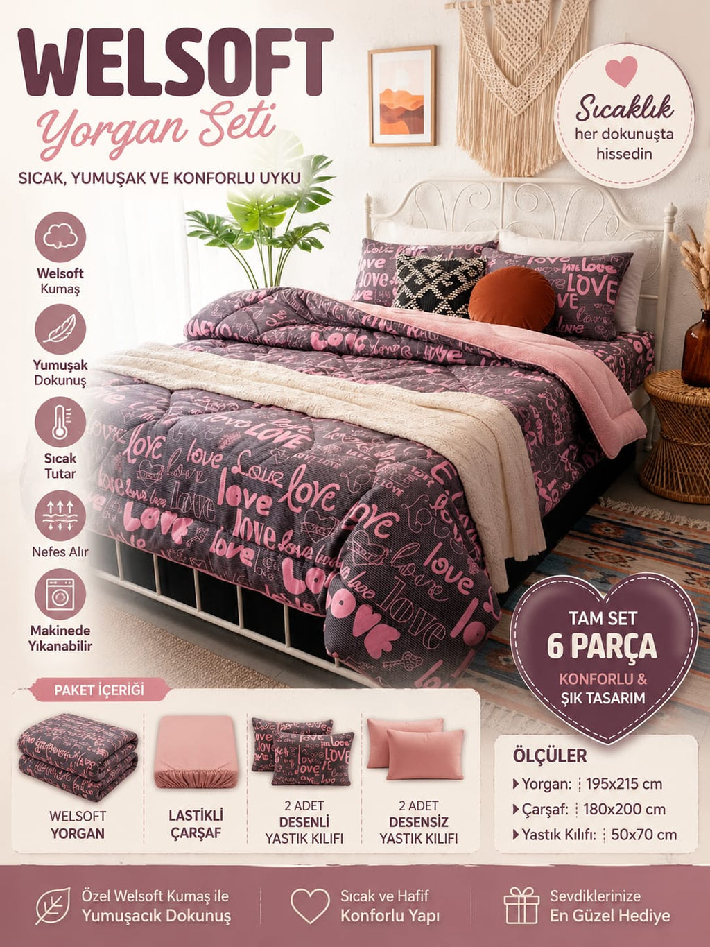 Çift Kişilik Love Desen Welseoft Yorgan Seti