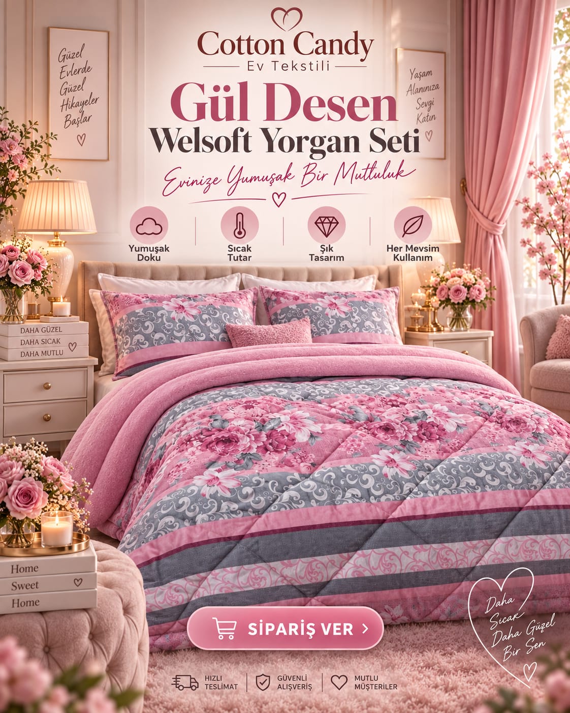 Pembe Bahar  Çift Kişilik  Welseoft Yorgan Seti
