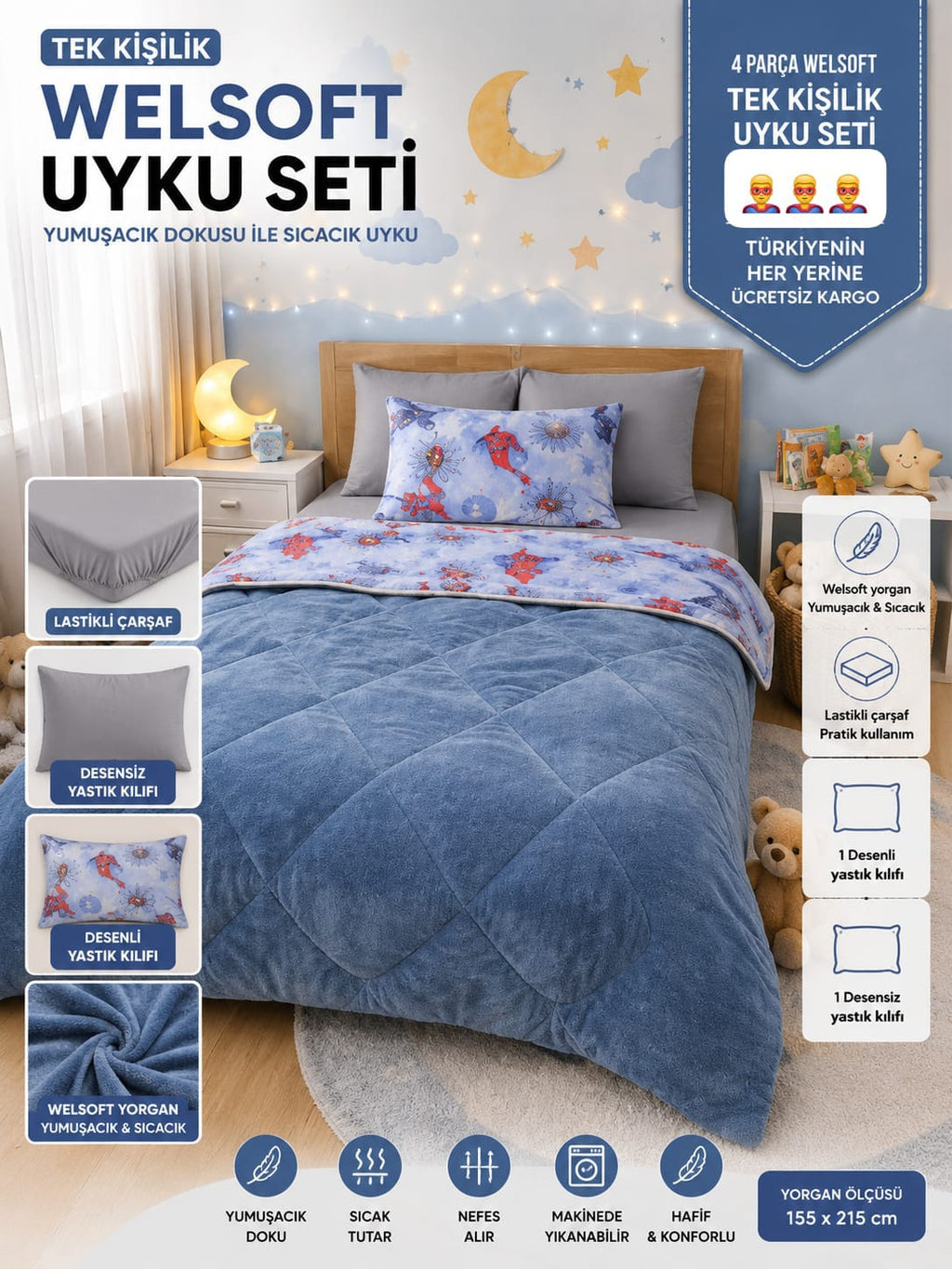 Örümcek Desenli  Tek  Kişilik Welsoft Uyku Seti