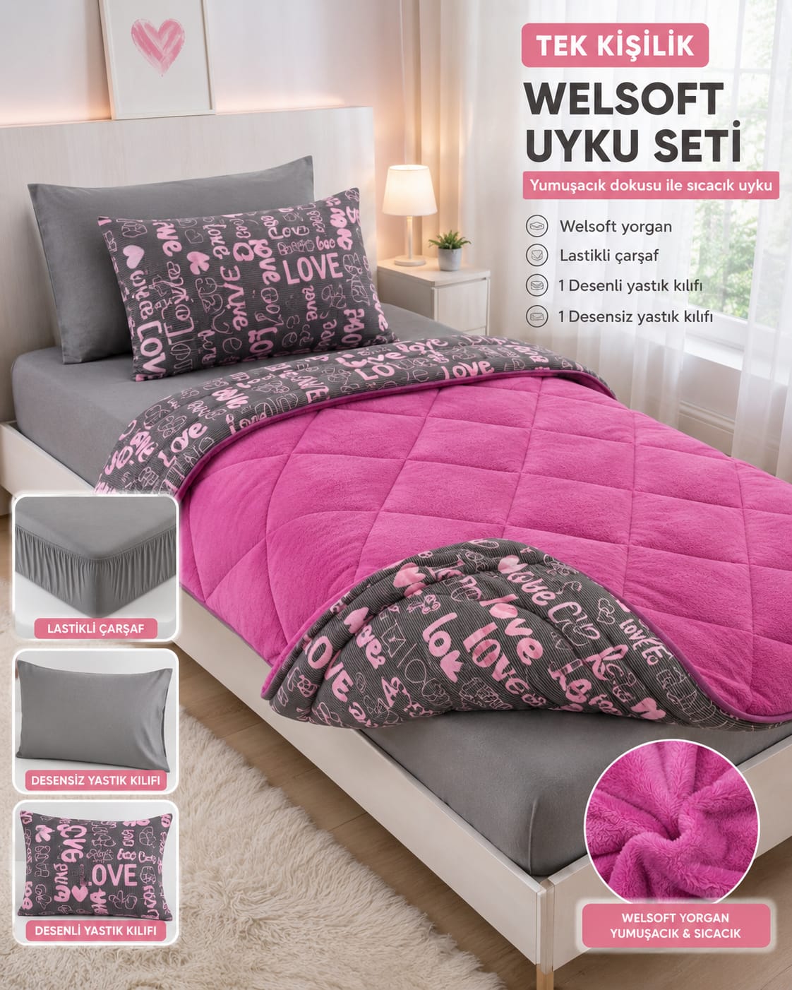 Mor Love  Desen Tek   Kişilik Welsoft Uyku Seti