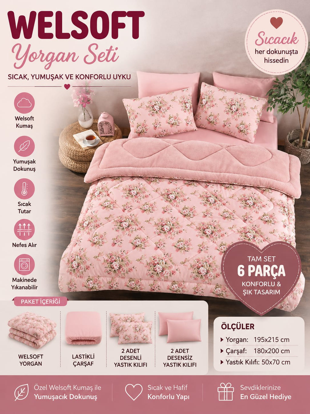 Pudra Güllü Desen Çift Kişilik  Welseoft Yorgan Seti