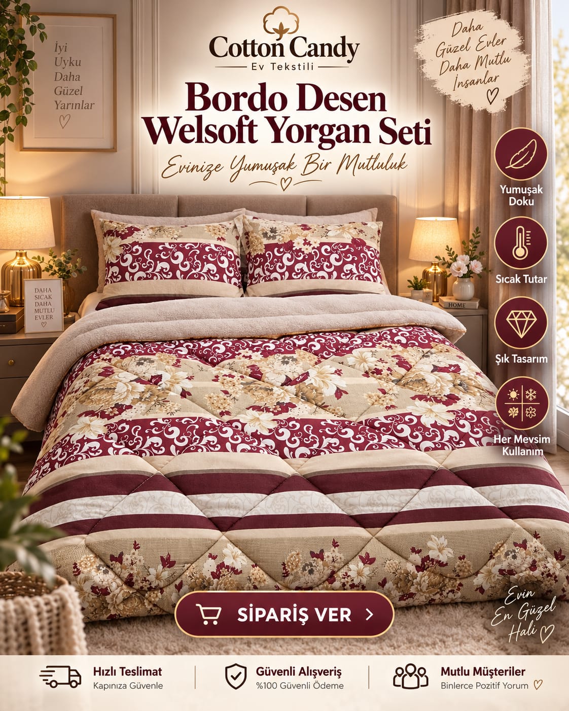 Bej Osmanlı  Desen Çift Kişilik  Welseoft Yorgan Seti