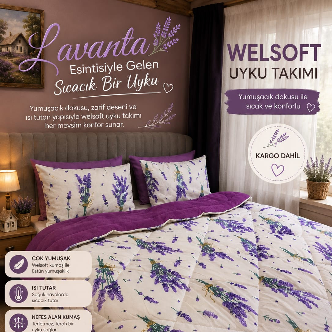 Çift Kişilik Lavanta Desen Welsoft Yorgan Seti