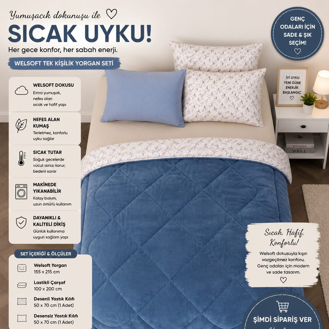 Mavi çicekli  Desen Tek  Kişilik Welsoft Uyku Seti (Kopya)