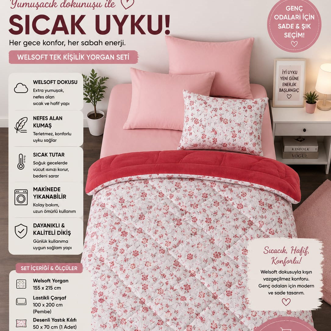 Kırmızı çiçek   Desen Tek  Kişilik Welsoft Uyku Seti