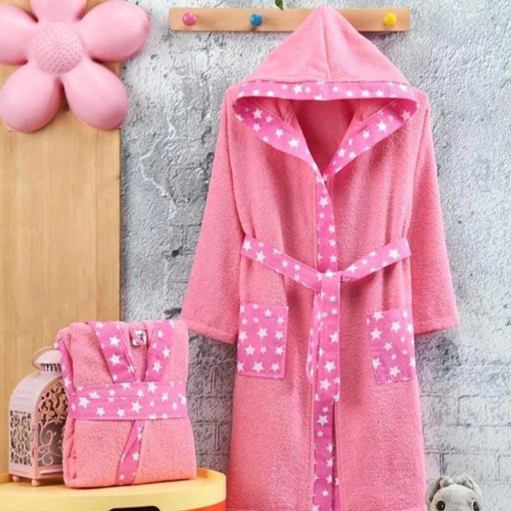 Pembe Kenarı Yıldız Desenli Çocuk Bornozu