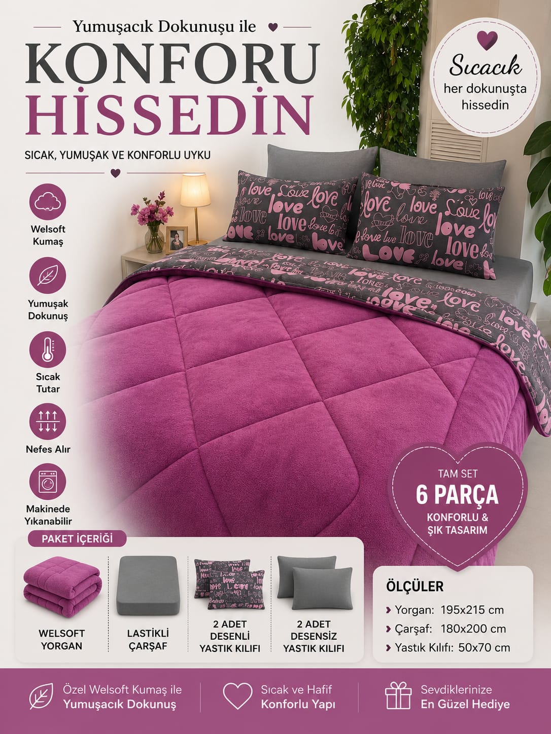 Mor  Love Desen Welseoft Yorgan Seti.( çarşafı desenli )