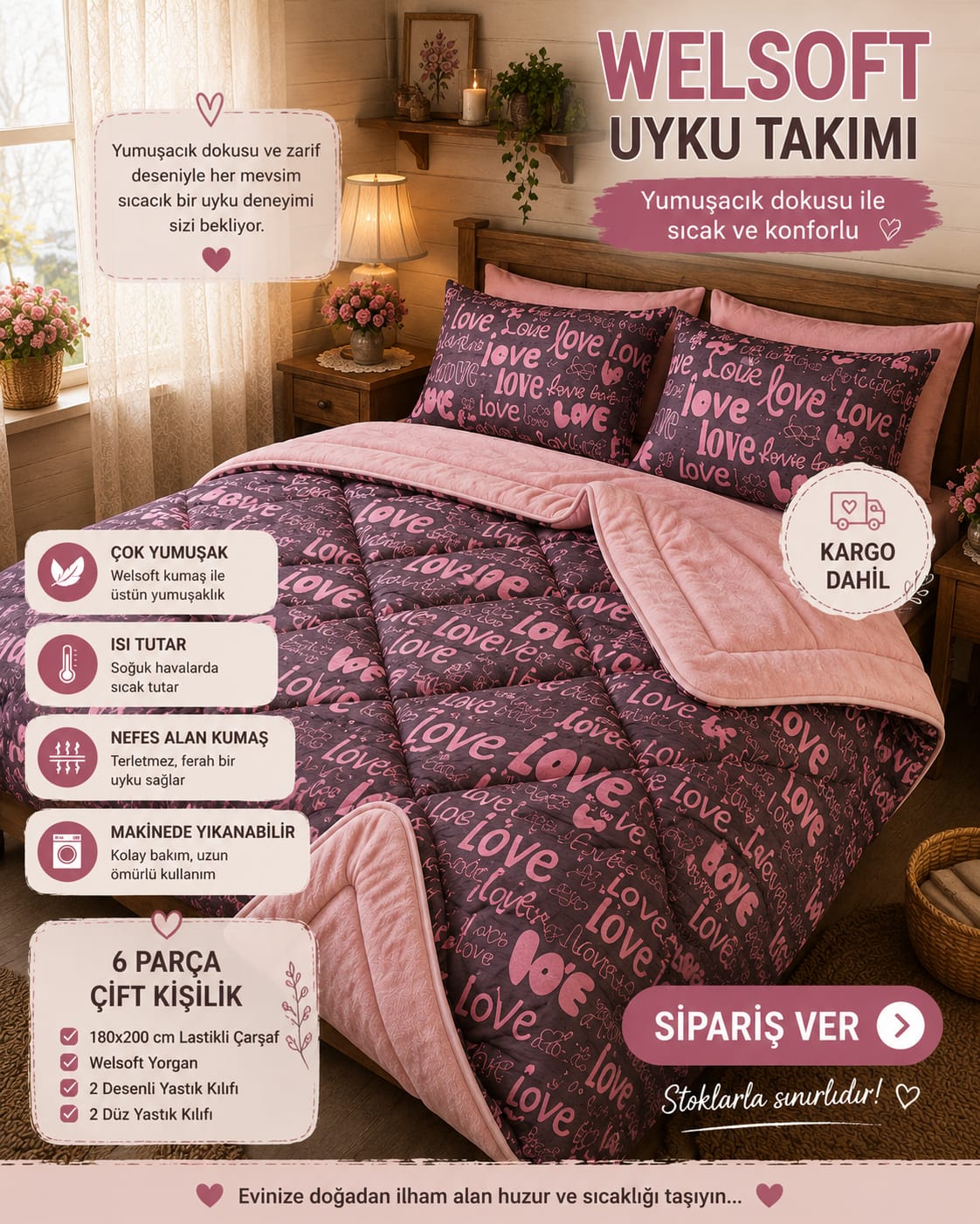 Love Desen Welseoft Yorgan Seti Çarsafi desenli